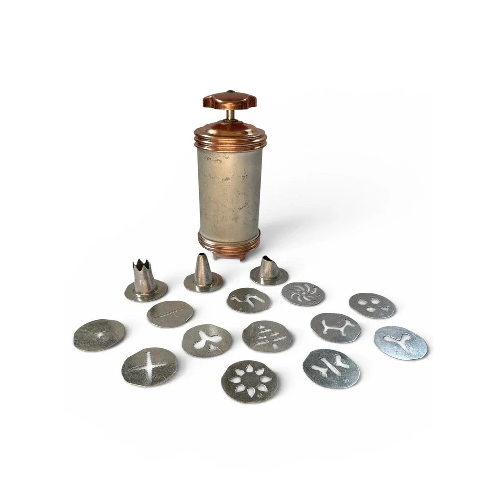 Vintage Mirro Aluminum Copper Cookie Press with 3 Tips and 12 Discs USA Made